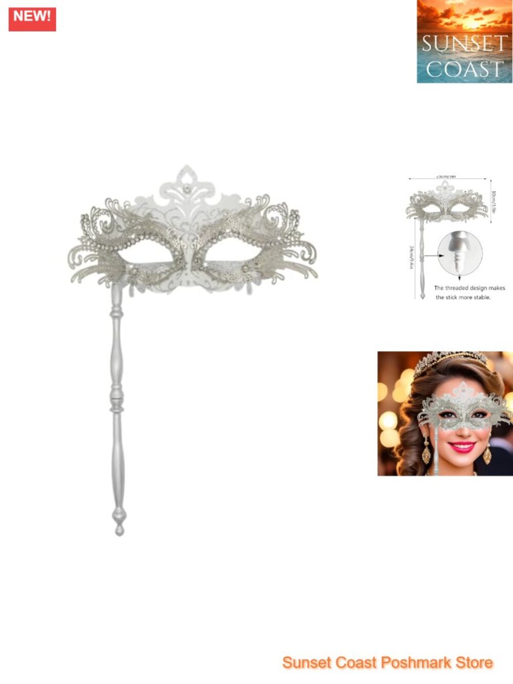 Women's Masquerade Mask with Stick Rhinestone Venetian Party Mask
